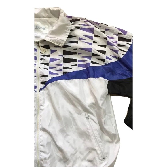 Vintage Wilson Windbreaker Jacket Womens Large L Tennis White Purple Geometric - Picture 1 of 13
